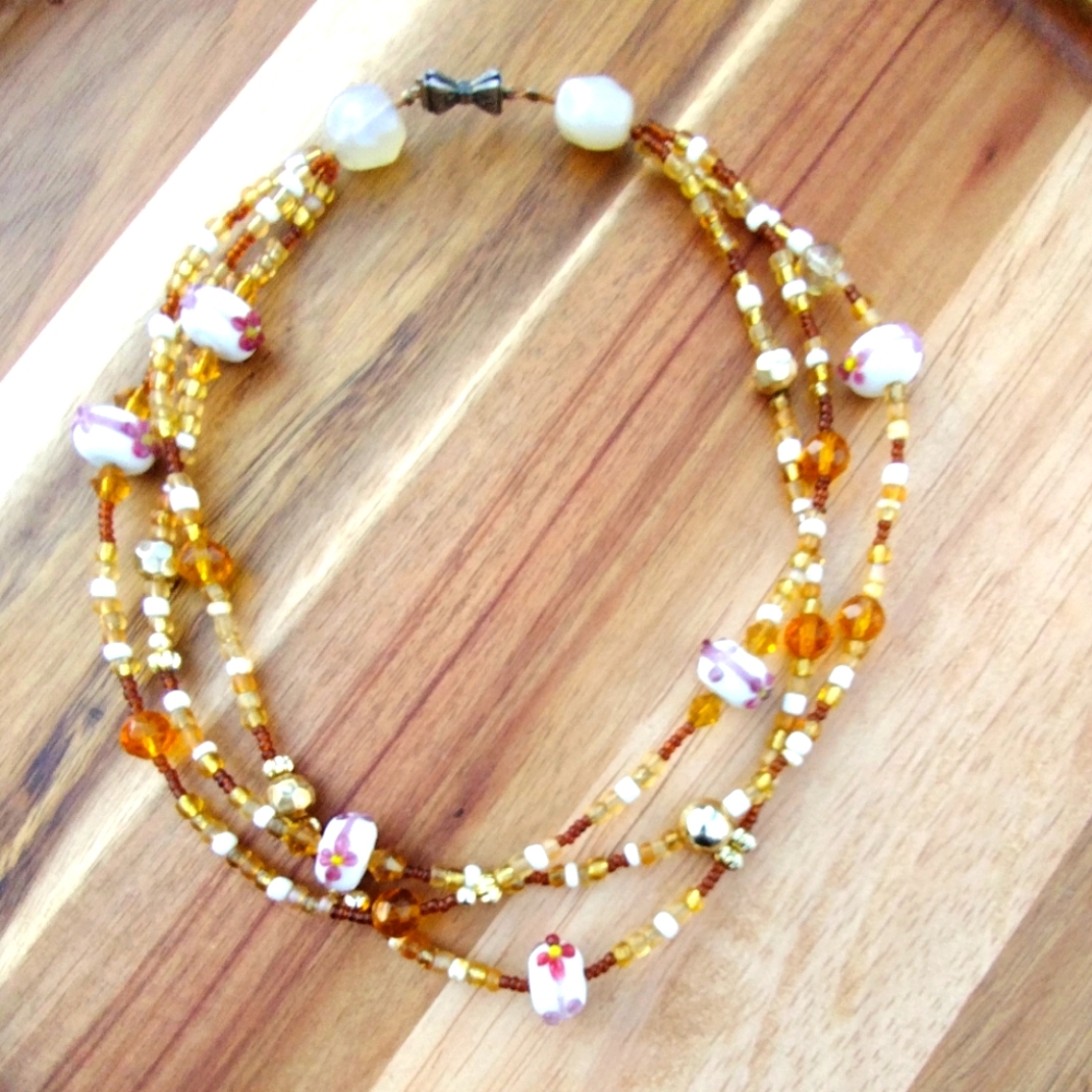 Vintage Beaded multi strand Glass Bead Necklace 1960's